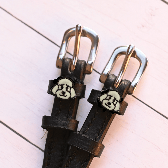 Black leather poodle face spur straps with silver buckles on pink wood planks