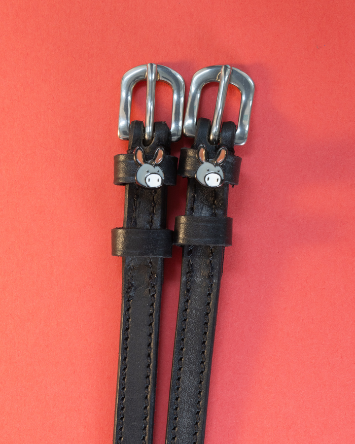 Black leather donkey spur straps with silver buckles on a coral red background
