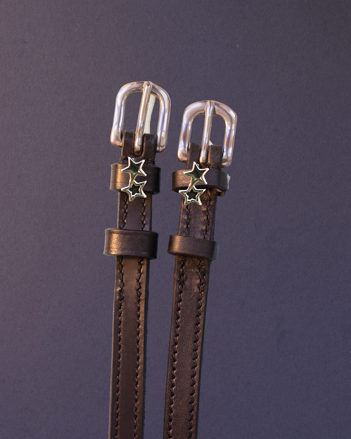 Dark brown ManeJane spur straps with double silver star charms on charcoal