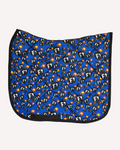 F Bomb saddle pad in royal blue with a cartoon bomb print, English all-purpose pad shown flat by Dreamers & Schemers