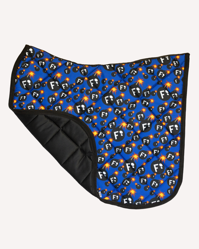 F Bomb saddle pad, corner folded back showing the black underside lining by Dreamers & Schemers