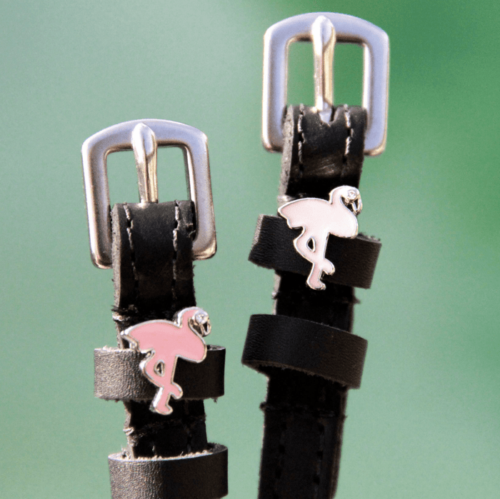 Detail of silver buckles and pink flamingo charms on ManeJane spur straps, green backdrop