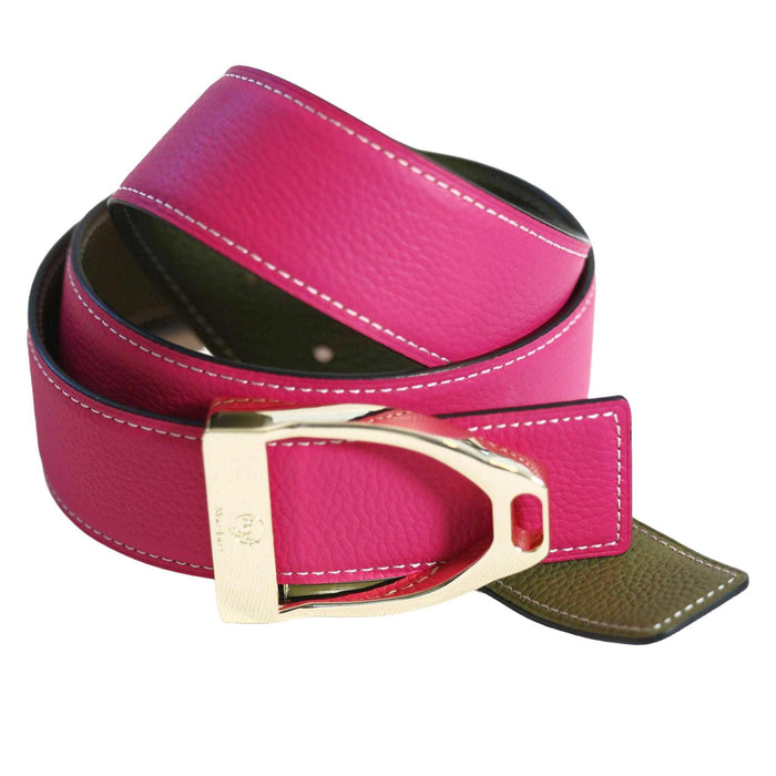 ManeJane Fuchsia/Olive Reversible Leather Belt Strap reversible leather belt, additional view, equestrian accessory by Dreamers & Schemers