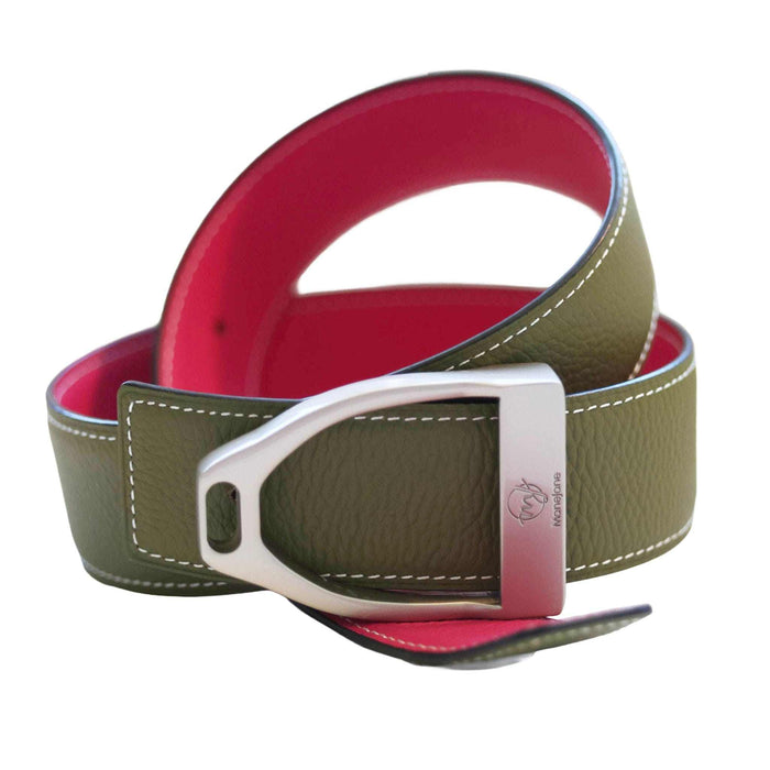 ManeJane Fuchsia/Olive Reversible Leather Belt Strap reversible leather belt, additional view, equestrian accessory by Dreamers & Schemers