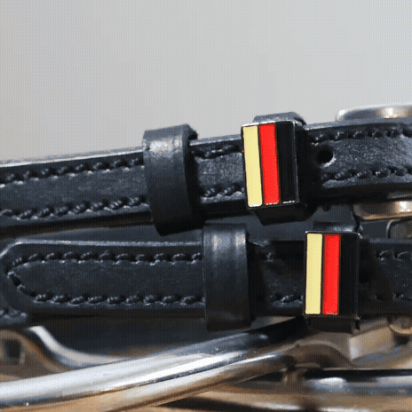Close-up of German flag enamel charms on black leather spur straps over a silver spur