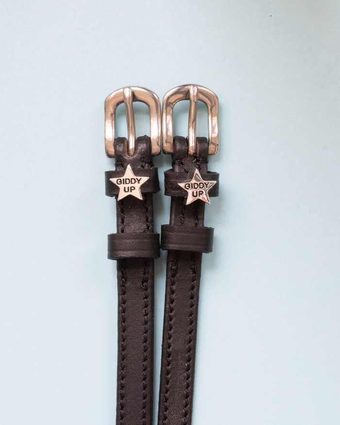 Brown leather spur straps with rose gold buckles and 'Giddy Up' star charms on light blue