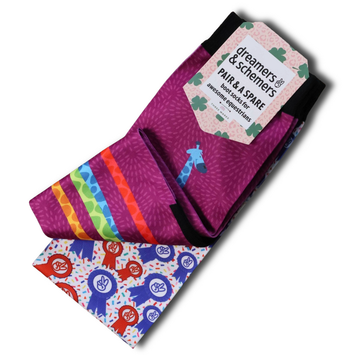 Giraffe Attack Youth pair and spare socks wholesale pack of three with black top boot socks featuring giraffe print