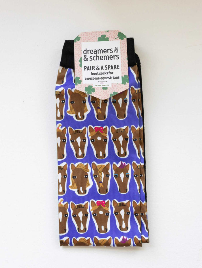 Hairy Styles Pair & a Spare equestrian boot socks in their header card, by Dreamers & Schemers