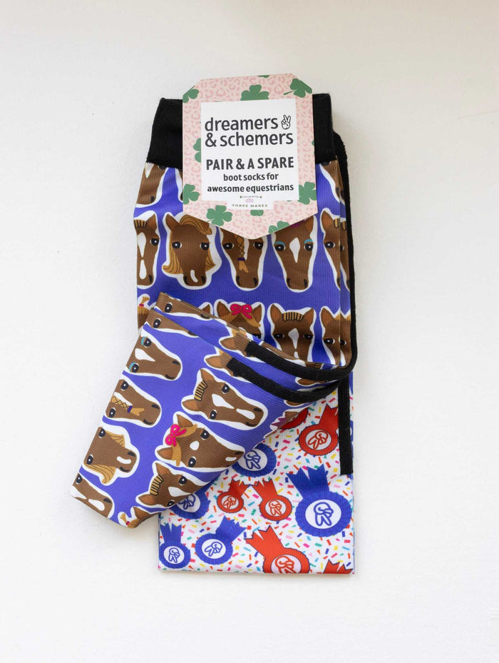Hairy Styles boot socks shown folded with the included spare sock and printed cuff detail