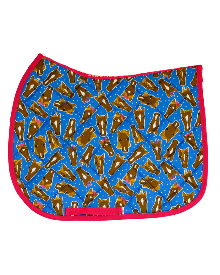 Hairy Styles patterned saddle pad, full top view of the print and contrast binding, by Dreamers & Schemers