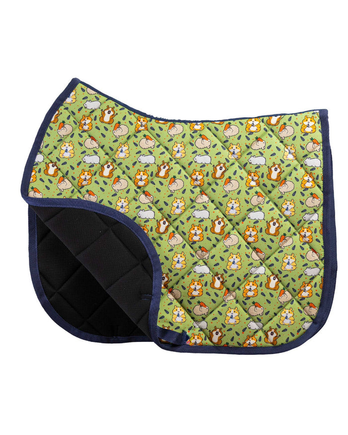 Hamsters all-purpose saddle pad featuring hamster print in Green, close-up of the pattern and stitching, by Dreamers & Schemers