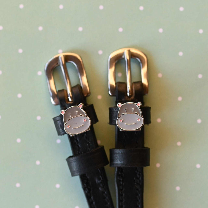Hippo Face spur straps with rose gold buckles and hippo charms on sage green polka dots