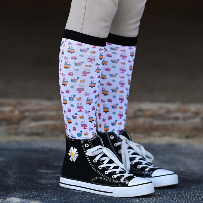 Birthday equestrian boot socks featuring birthday party celebration, alternate angle, by Dreamers & Schemers