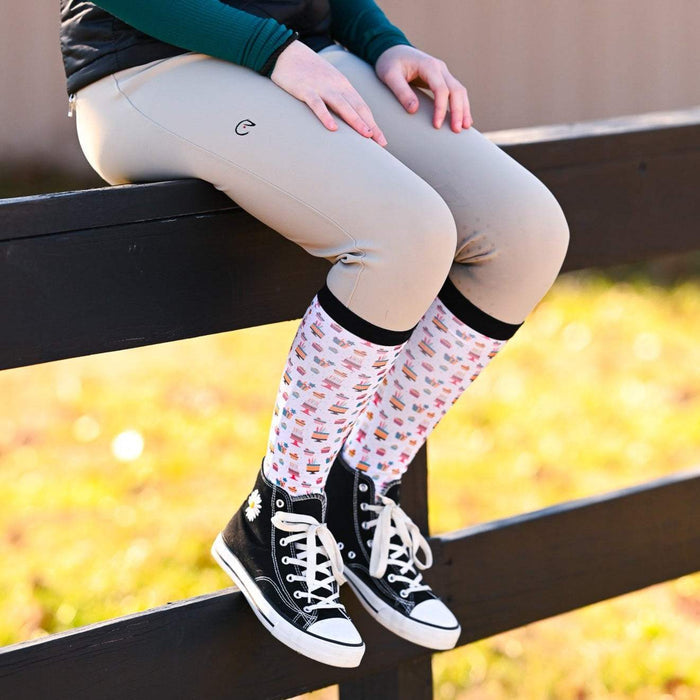 Birthday equestrian boot socks, showing the full pattern layout