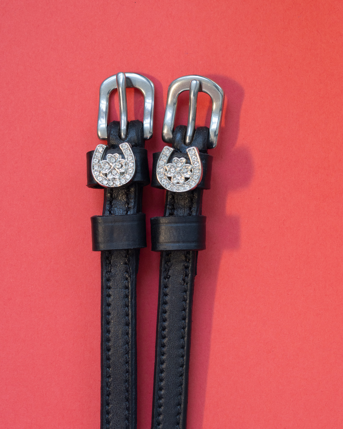 Black leather spur straps with sparkling horseshoe and clover charms on a coral background