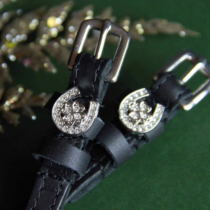 Close-up of crystal horseshoe-clover spur strap charms with dark buckles on green