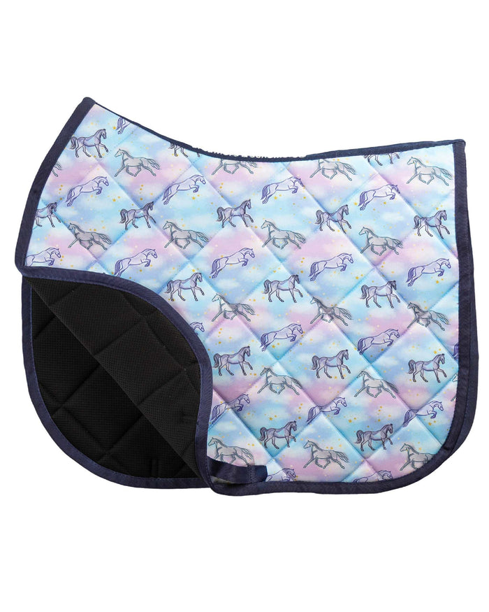 Horsey Dreams all-purpose saddle pad featuring horse dreamy pastel in Pink, close-up of the pattern and stitching, by Dreamers & Schemers