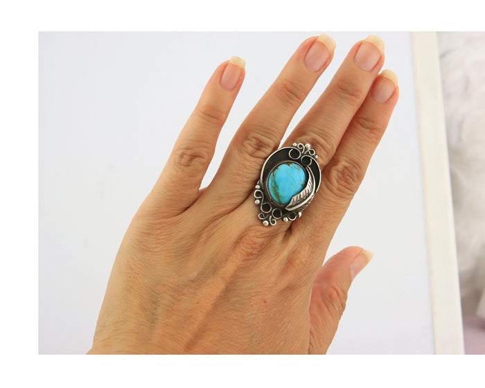 Huge Navajo Ring Sterling Silver Vintage Turquoise Handmade Signed TS Size 5.75