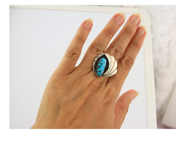 Huge Navajo Ring Sterling Silver Vintage Turquoise Signed Size 7.5 Signed Yazzie