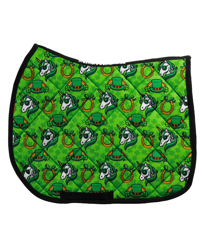 I Luck It A Lot all-purpose saddle pad with lucky clover horseshoe in green, by Dreamers & Schemers