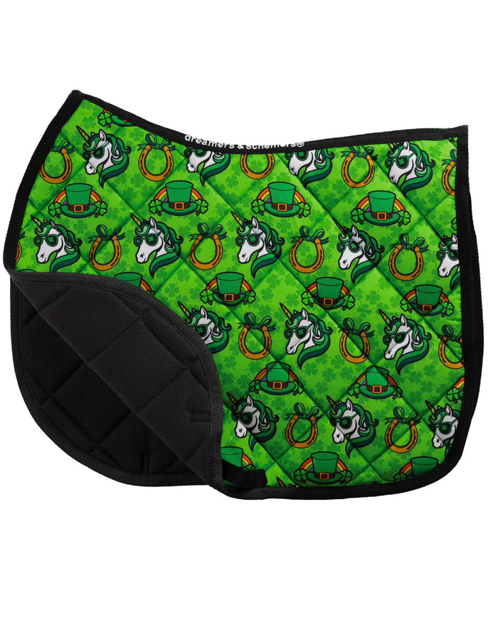I Luck It A Lot all-purpose saddle pad with lucky clover horseshoe in Green, close-up of the pattern and stitching, by Dreamers & Schemers