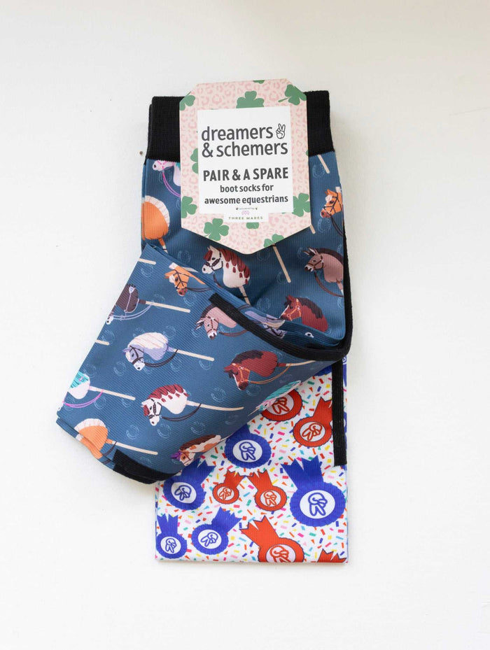 It's Not a Hobby boot socks shown folded with the included spare sock and printed cuff detail