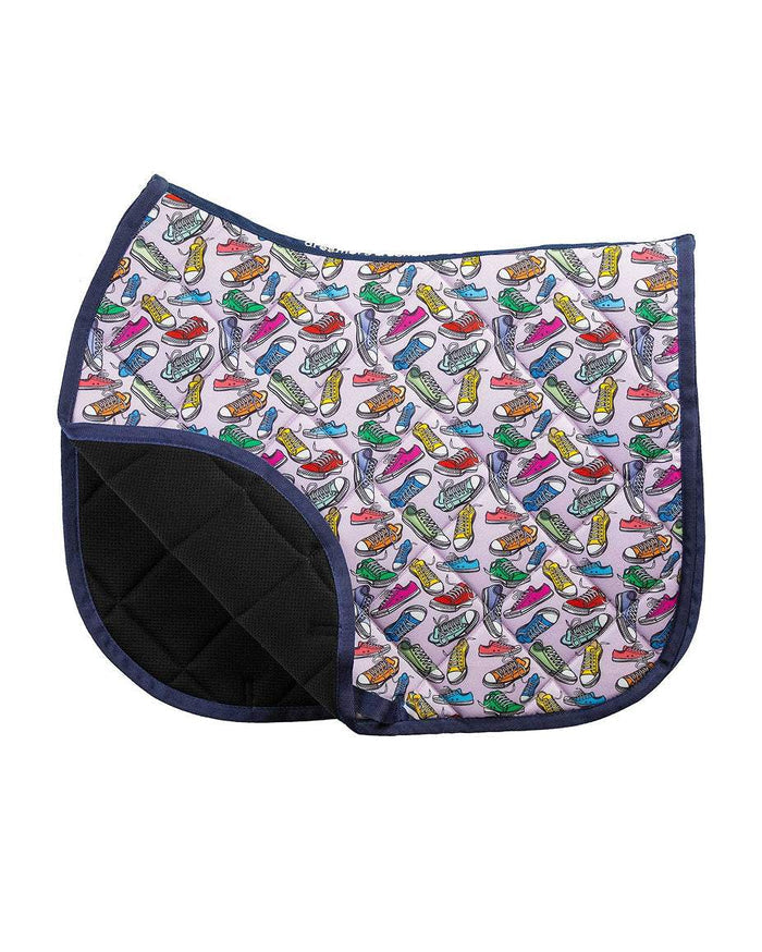 Kicks all-purpose saddle pad featuring sneaker shoe kicks, alternate angle, by Dreamers & Schemers