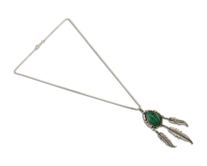 Large Navajo Pendant 925 Silver Natural Malachite Native American Artist C.80's