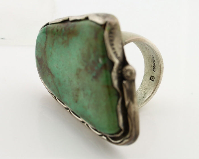 Large Navajo Ring 925 Silver Natural Green Turquoise Artist Signed B C.80's