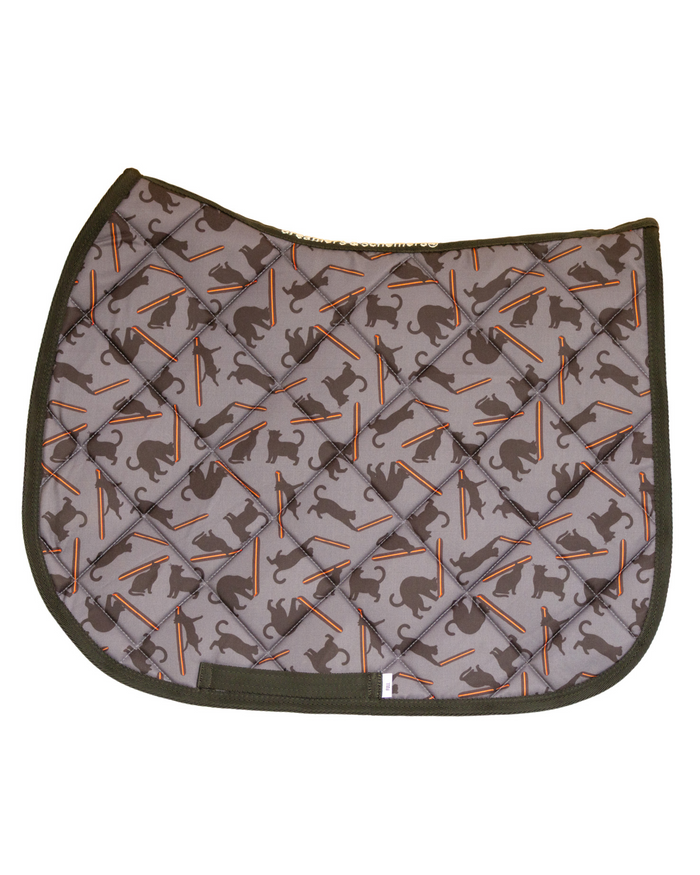 Laser Cats patterned saddle pad, full top view of the print and contrast binding, by Dreamers & Schemers