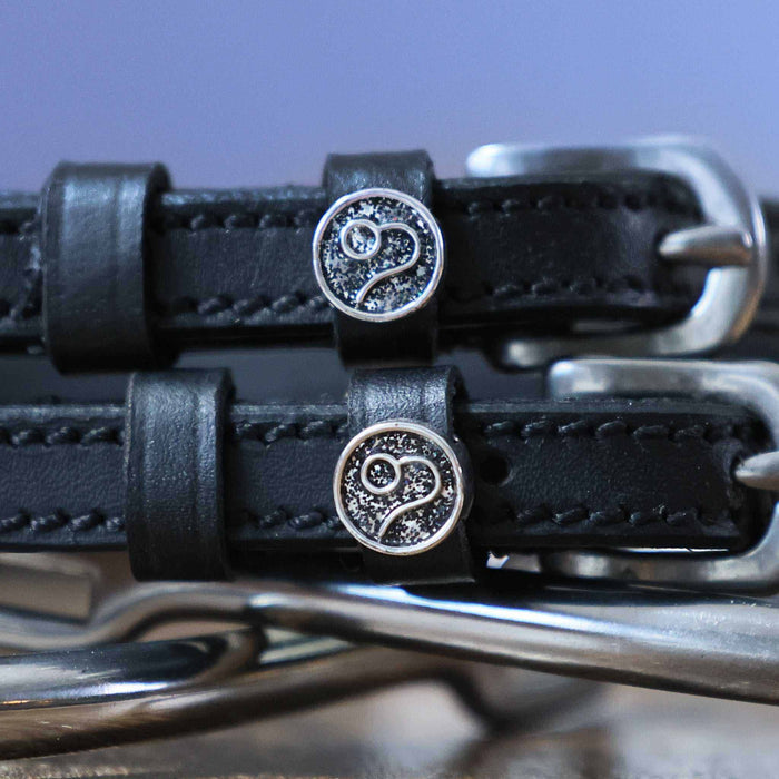 Close-up of round silver Leo zodiac charms on black leather spur straps