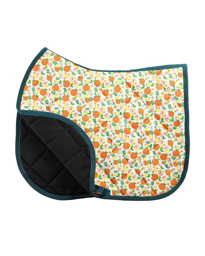 Life's A Peach all-purpose saddle pad featuring peach fruit print, alternate angle, by Dreamers & Schemers