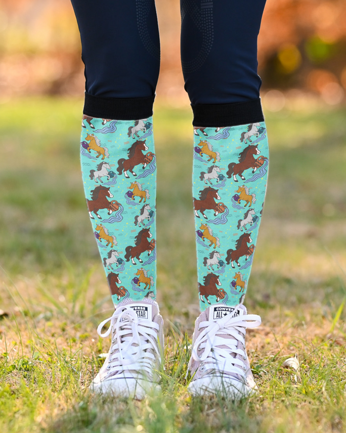 Limited edition Aquarius zodiac boot socks made in USA with unique equestrian design