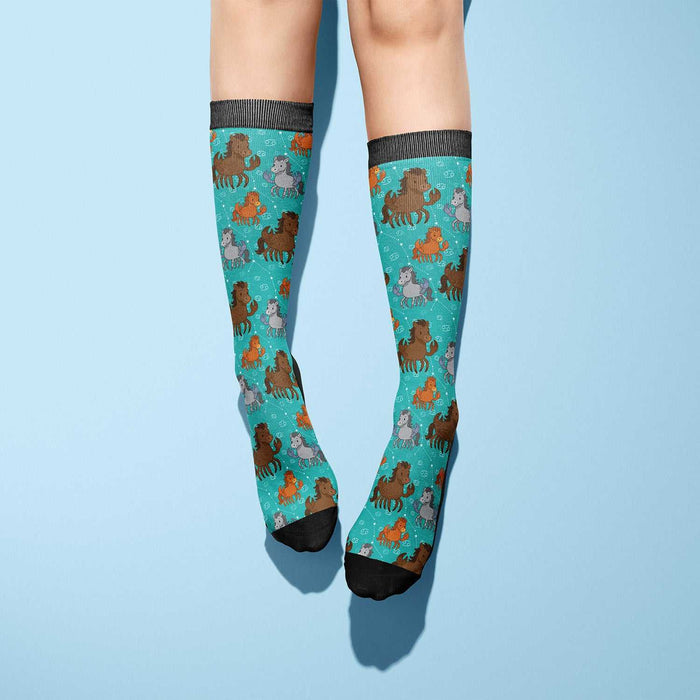 Limited edition Cancer zodiac boot socks with horse pattern on turquoise background, made in USA, one size fits most