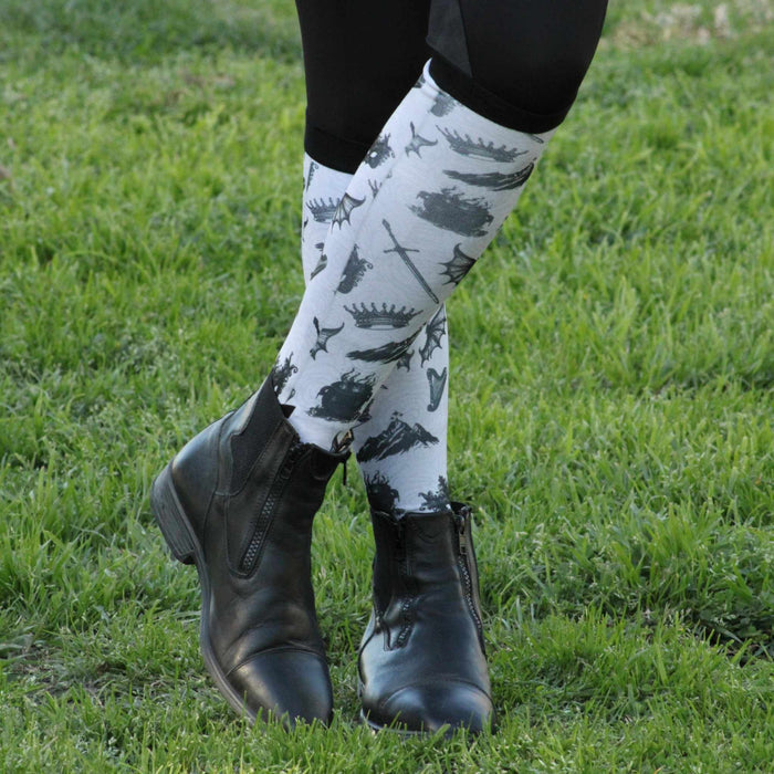 a Court of Socks & Horses limited edition equestrian boot socks featuring acotar fantasy court, alternate angle, by Dreamers & Schemers