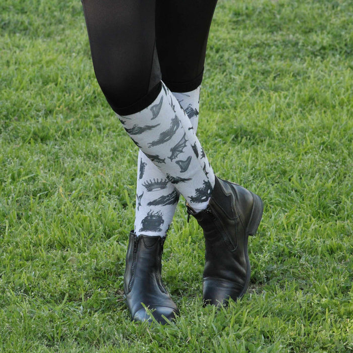 a Court of Socks & Horses limited edition equestrian boot socks, showing the full pattern layout