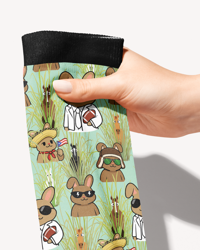 Bad Bunny Socks limited edition equestrian boot socks, shown pulled up over riding boots