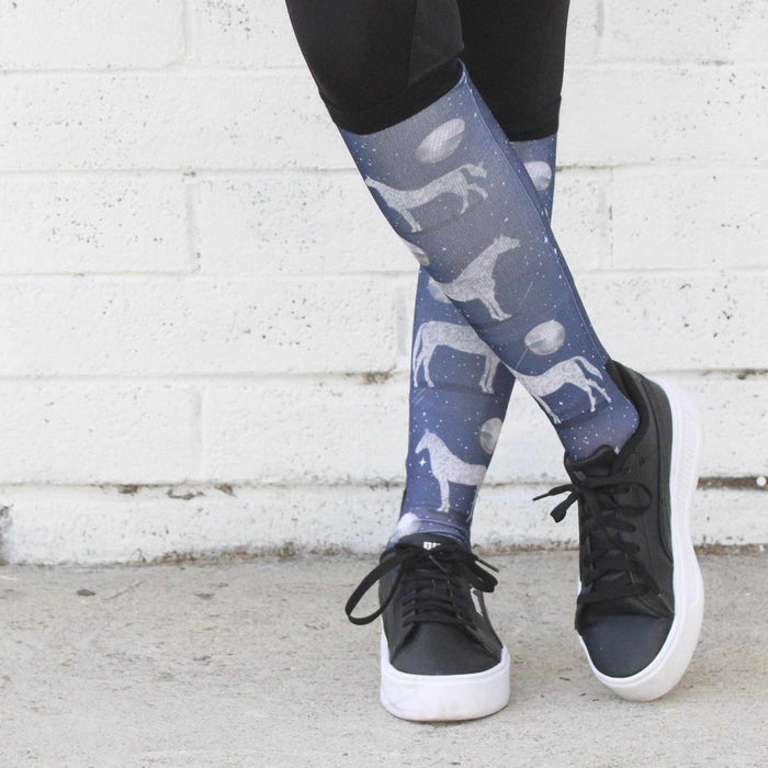 Disco Horse limited edition equestrian boot socks, alternate angle, by Dreamers & Schemers