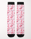 Dolly Forever socks in light pink, full pattern of cowgirl boots, guitars, hats and music notes