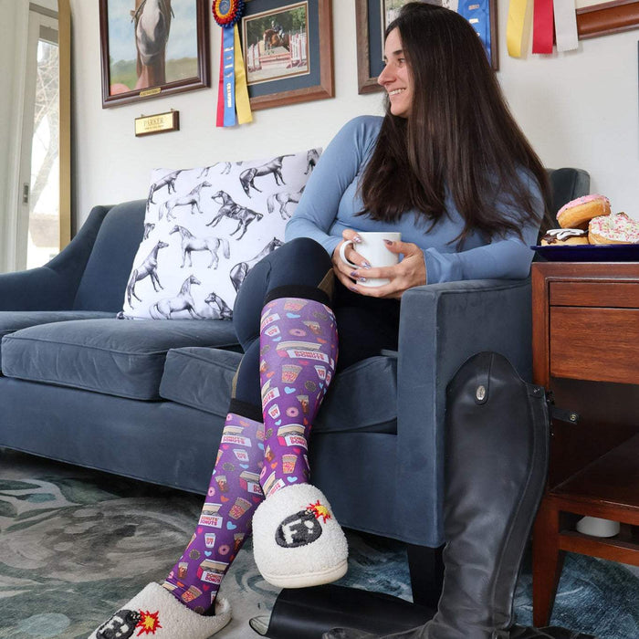 : Donuts 2.0 limited edition equestrian boot socks featuring donut sprinkles print, alternate angle, by Dreamers & Schemers