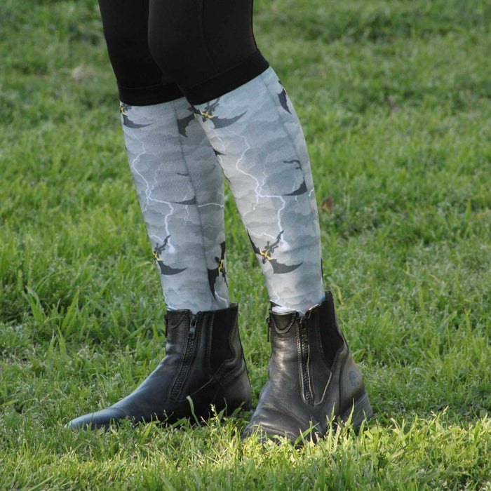 Fourth Wing limited edition equestrian boot socks featuring fourth wing dragon fantasy, alternate angle, by Dreamers & Schemers