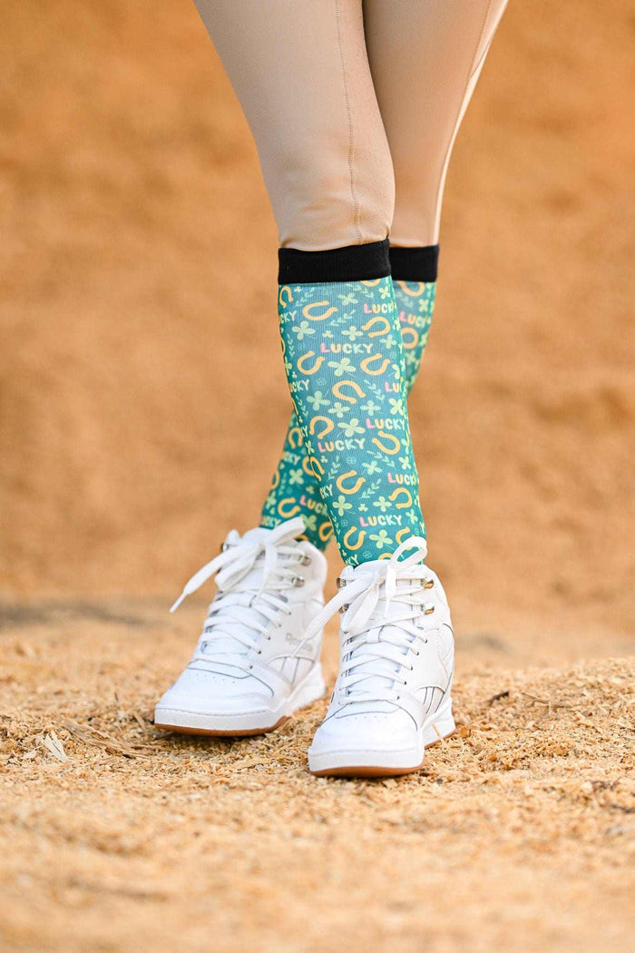 My Lucky limited edition equestrian boot socks featuring lucky horseshoe clover, alternate angle, by Dreamers & Schemers