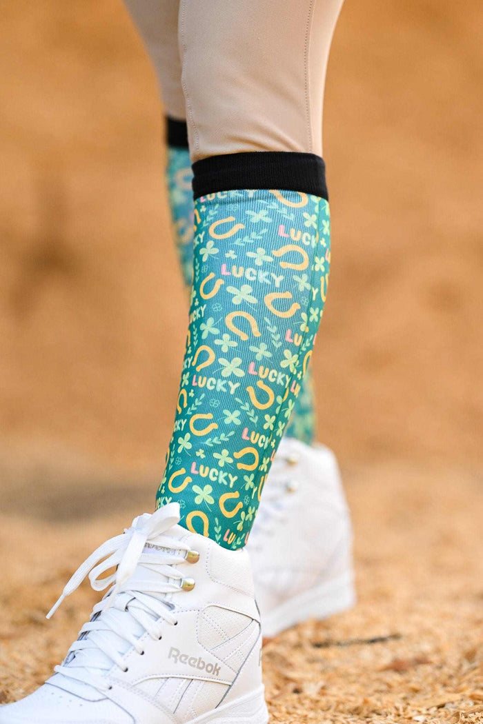 My Lucky limited edition equestrian boot socks, showing the full pattern layout