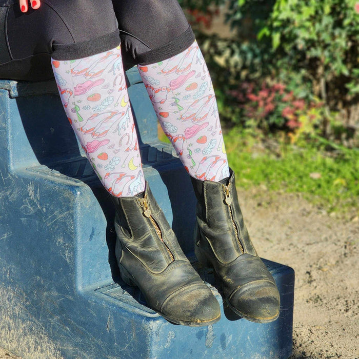 Pink Pony Club limited edition equestrian boot socks, showing the full pattern layout