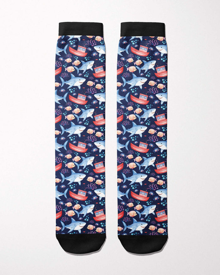 Jaws secret limited edition boot socks, showing the full pattern layout