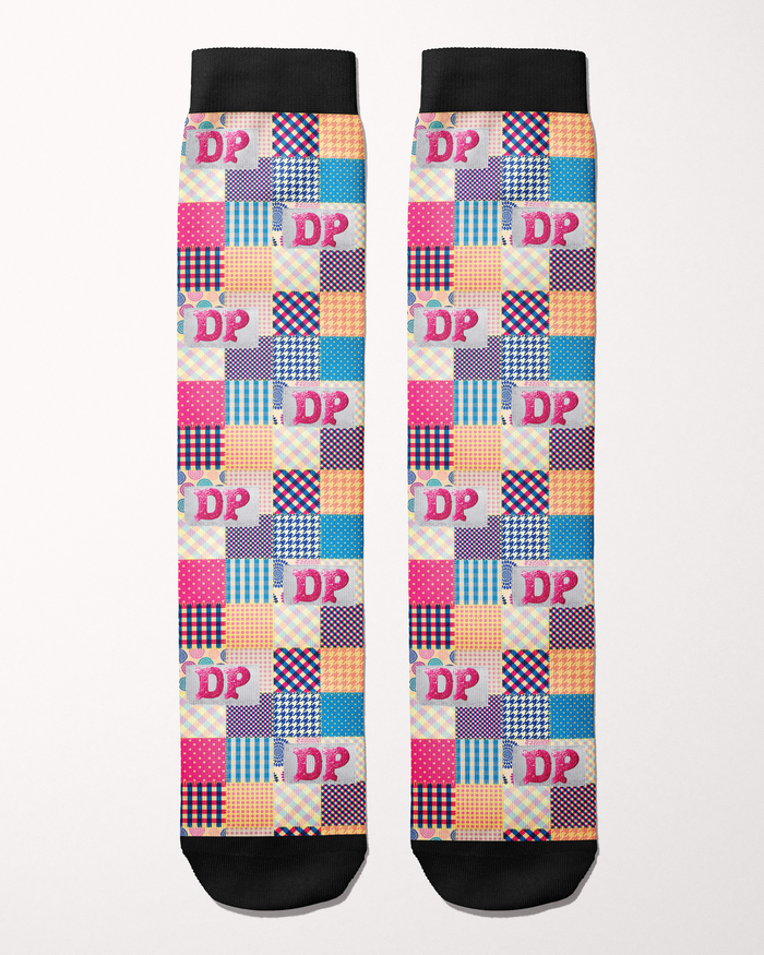 Socks of Many Colors boot socks in a multicolor patchwork quilt print, by Dreamers & Schemers