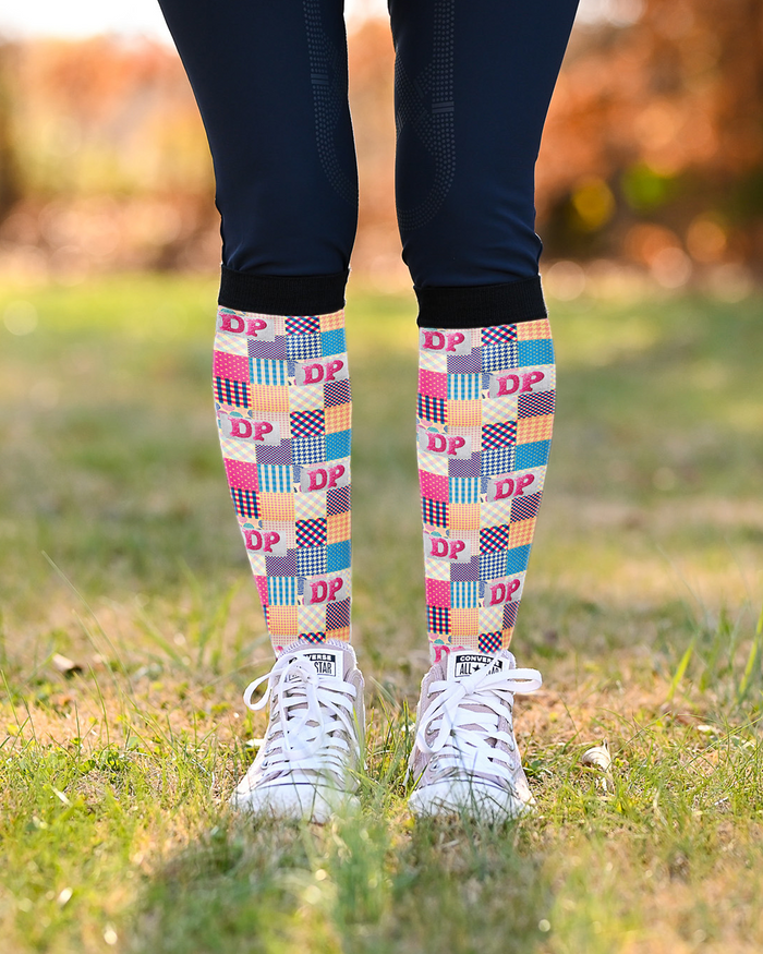 Socks of Many Colors equestrian boot socks, DP patchwork print in pink, blue and orange, by Dreamers & Schemers