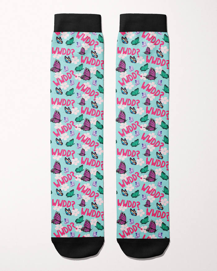 What Would Dolly Do? boot socks in mint green, full pattern of pink butterflies, florals and the WWDD? print