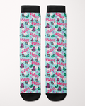 What Would Dolly Do? boot socks in mint green, full pattern of pink butterflies, florals and the WWDD? print