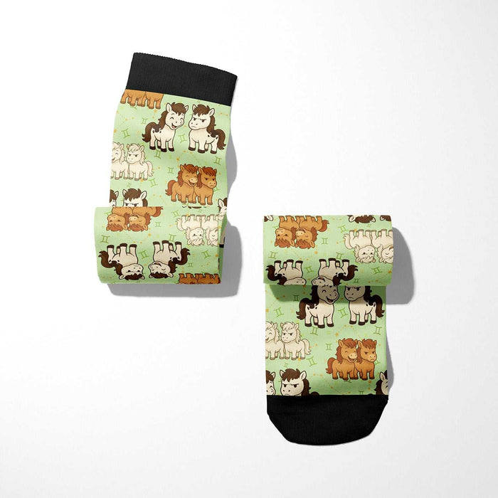 Limited edition Gemini zodiac boot socks with cute horse patterns, made in the USA, one size fits most